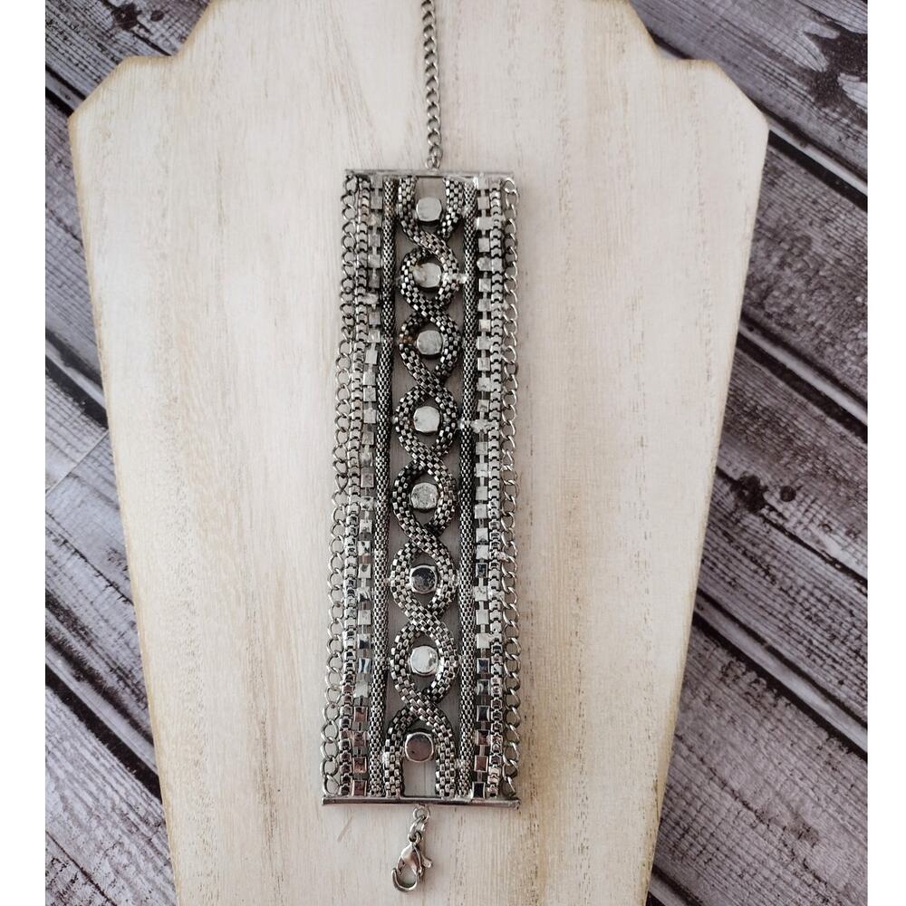 Vintage-Style Wide Silver/Pewter-Tone Cuff Bracelet with Rhinestones Accents - Picture 7 of 11